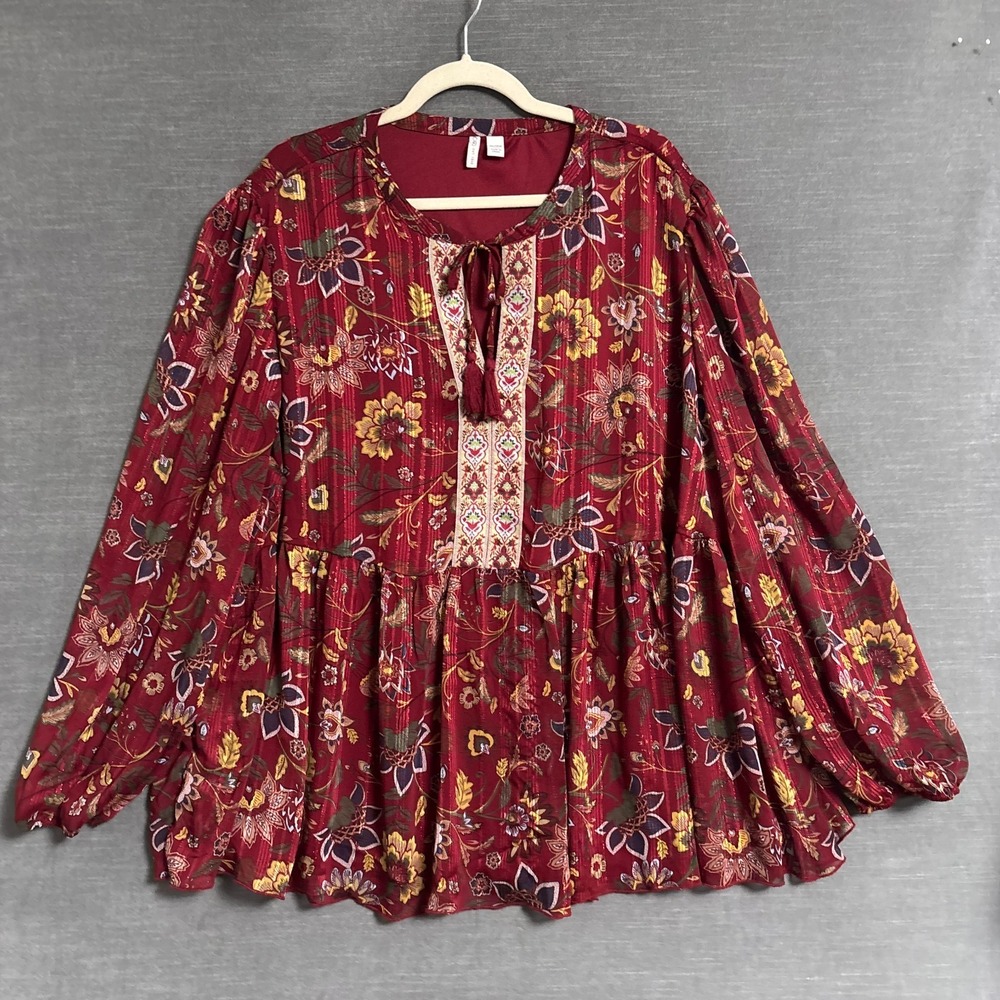 Cato Top 26/28W Red Gold Floral Tunic Popover Peplum Balloon Sheer Shimmer